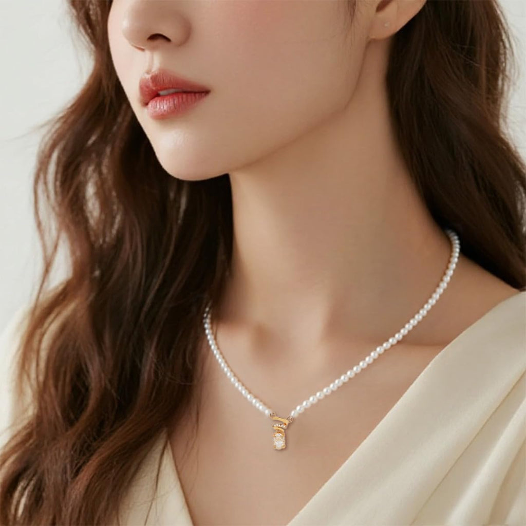 Pearl & Zirconia Necklace for Women, 14K Gold Plated 925 Sterling Silver, Adjustable Chain with Crystal Pendant,  Lightweight Elegant Jewelry for Daily Wear