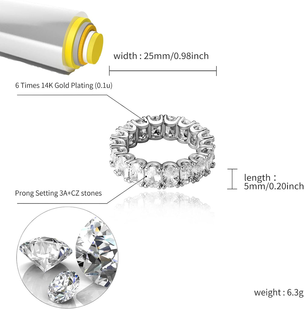 YOSZO Iced Out Baguette Oval Ring Cubic Zirconia Diamond 14K Gold Silver Band Pinky Eternity Ring for Men Women