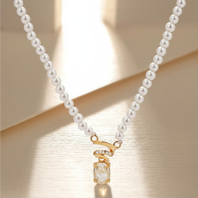 Pearl & Zirconia Necklace for Women, 14K Gold Plated 925 Sterling Silver, Adjustable Chain with Crystal Pendant,  Lightweight Elegant Jewelry for Daily Wear