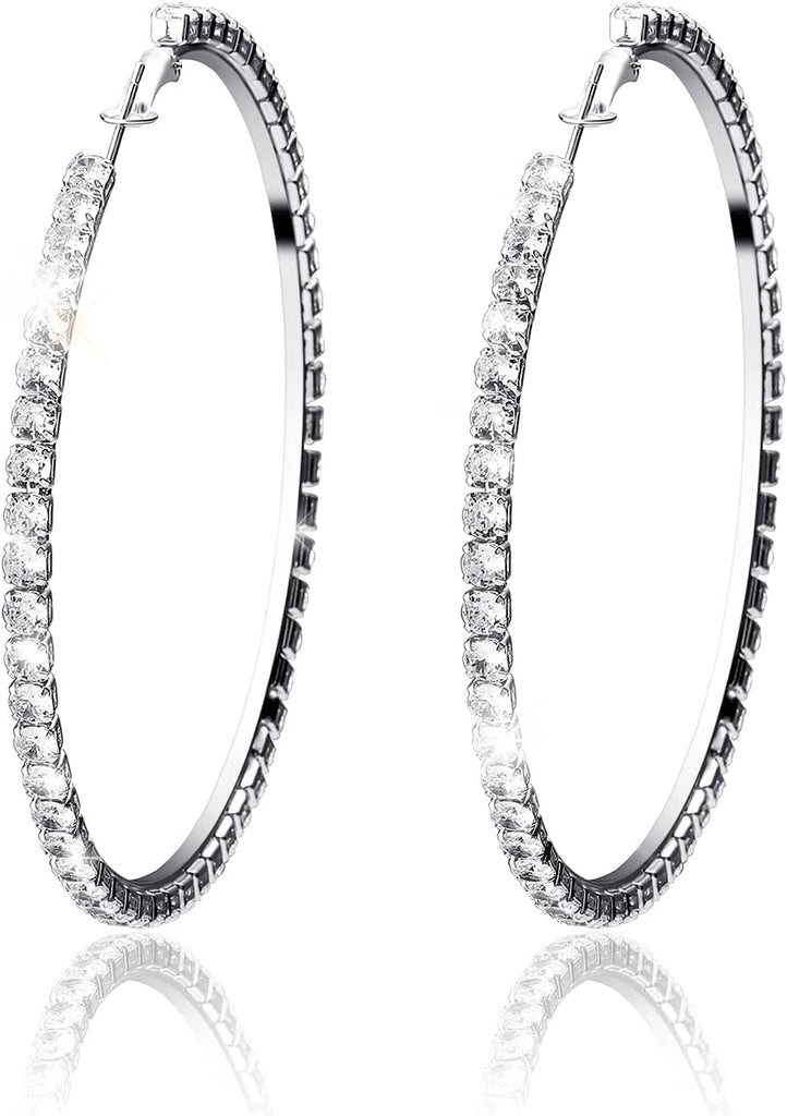 YOSZO Big Large Iced Out Hoop Cuff Circle Earrings Gold or Rhodium Plated Cubic Zirconia Inlaid Hypoallergenic Tennis Earrings For Women-Silver 8CM