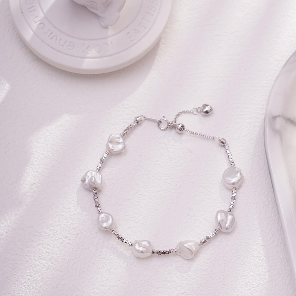 Baroque Natural Pearl Silver Bracelet with Irregular Pearl, Classic Lightweight Design for Women Everyday Wear