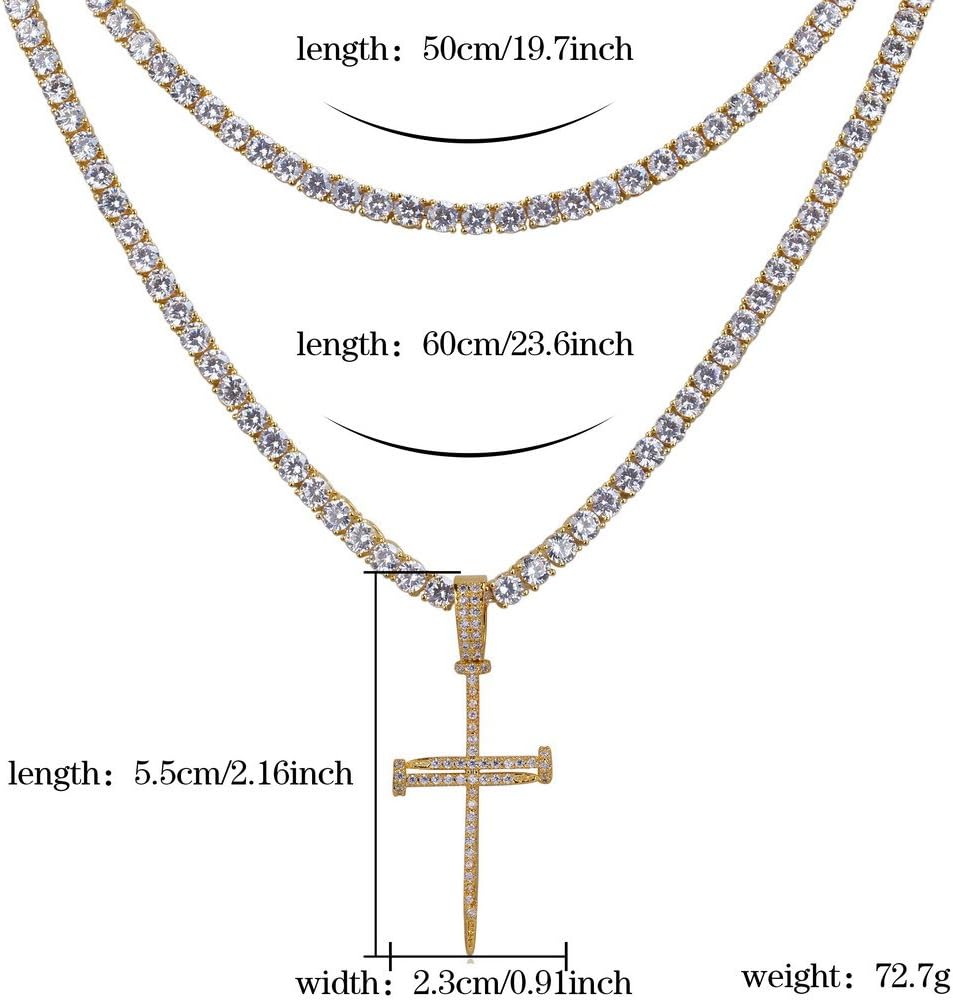 YOSZO 18K Gold Plated Iced Out Cubic Zirconia Classic Ankh Nail Mini Cross Egyptian Pendant Necklace Hip Hop Jewelry for Men Women with Stainless Rope Chain