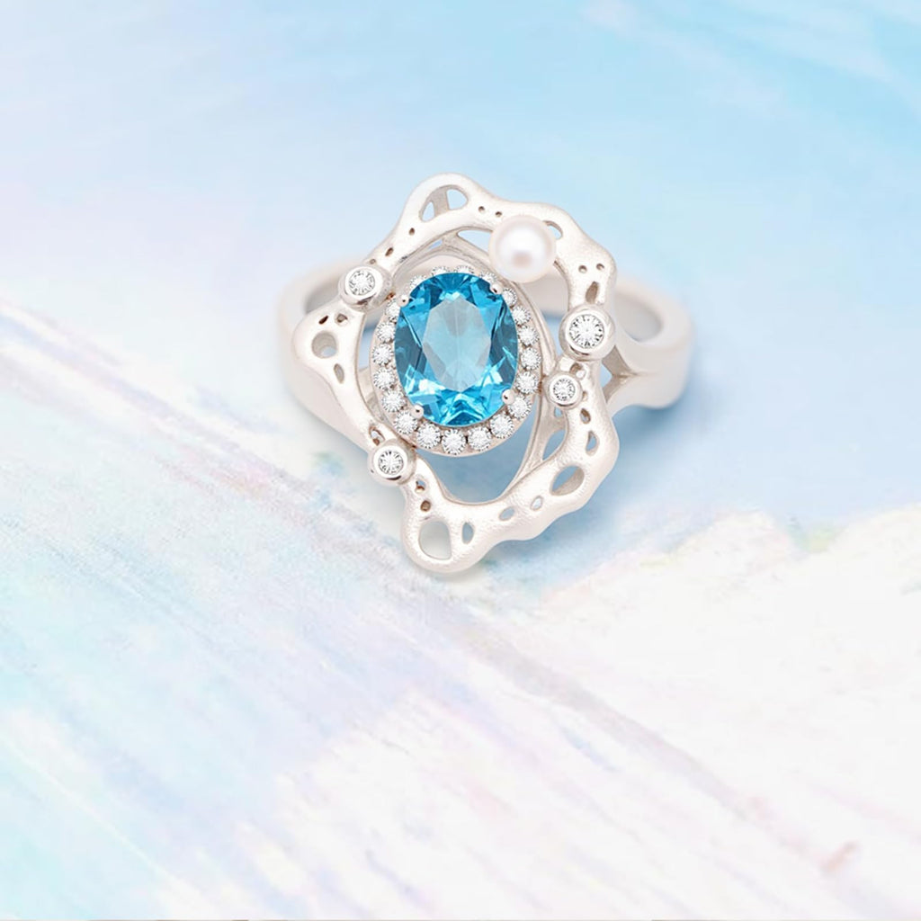Light Blue Topaz Birthstone Adjustable Ring, December Birthstone 925 Sterling Silver Ring with Zircon Halo, Size 7 Wave Design Coastal Jewelry Gift for Women