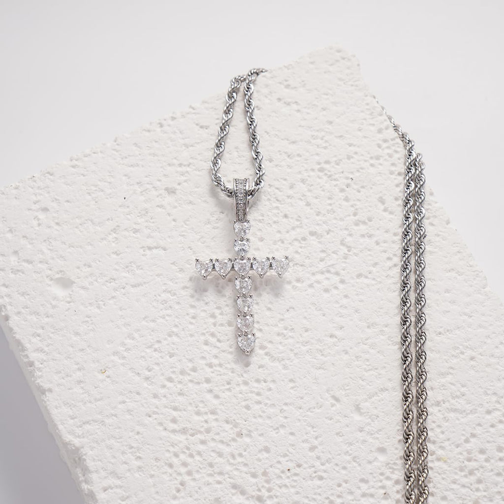 Pendant Necklace Gold or Silver Plated Cross Cubic Zirconia Heart-Cut Rope Chain Elegant Gift for Unisex