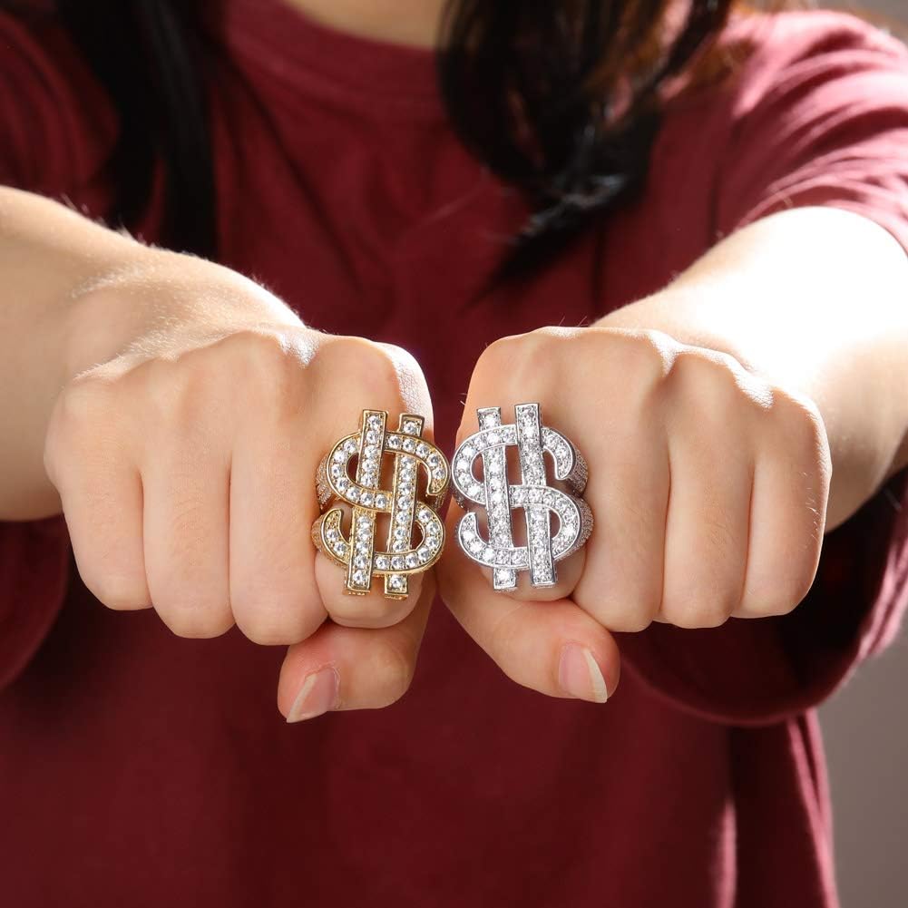 YOSZO Hip Hop Big US Dollar Sign Rings 18K Gold Plated Iced Out Cubic Zirconia Bling Pinky Ring for Men