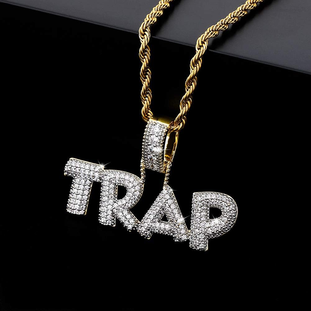 YOSZO Hip Hop Iced Out Trap Letter Pendant 14K Gold Plated Simulated Diamond Cubic Zirconia Bubble Chain Necklace for Men Women Gift