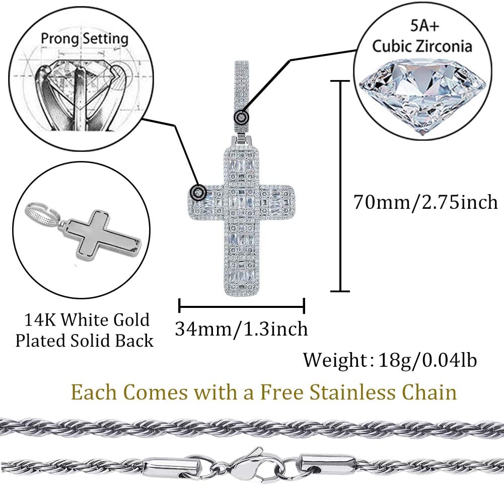 YOSZO Solid Baguette Cross Chain 14K Gold Plated Iced out Pendant Necklace for Men and Women Religious Jewelry