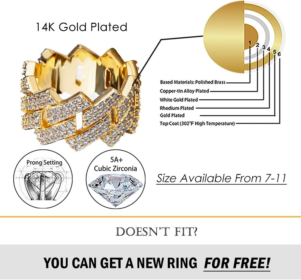 YOSZO Engagement Ring Men Gold Cuban Link Ring Wedding Band Iced Out 14K Gold Plated 14mm Punk Cubic Zirconia Gold Jewelry Gifts