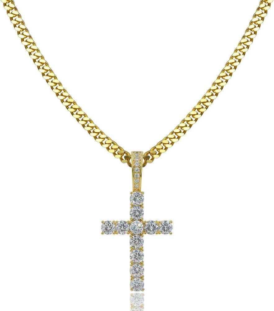 YOSZO Cross Necklace for Men Gold Necklace for Women Gold Heart Cross Jewelry 14K Silver Plated Solid Iced Cubic Zirconia Stainless Steel Pendant Chain