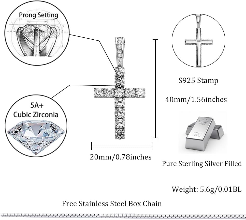 YOSZO Cross Necklace for Women Sterling Silver Necklace Gold Cross Necklace Iced out Cubic Zirconia Cross Chain for Men Cross Pendant with 20” Stainless Box Chain