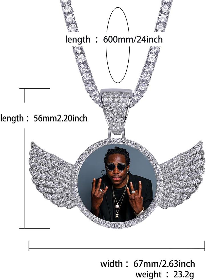 YOSZO Picture Necklace Personalized Photo Pendant for Men Women Iced Out Angel Wings Heart Custom Necklace with Tennis Chain