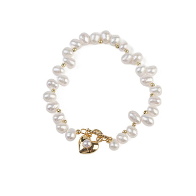Gold-Plated Silver & Freshwater Pearl Bracelet - Elegant Everyday Jewelry with Heart Charm for Women