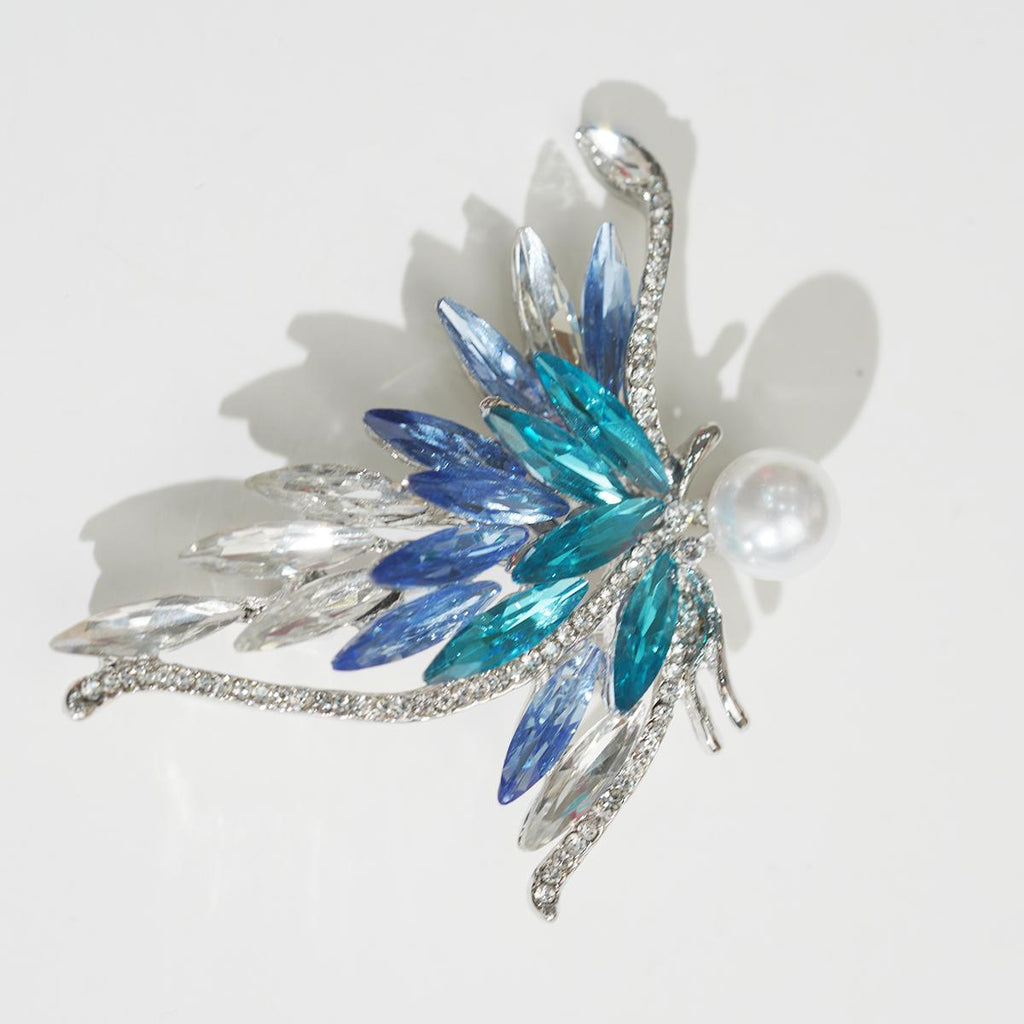 Bionic Wing Brooch, Asymmetrical Design, Gradient Gemstones & Pearl Center - Romantic for Young Ladies
