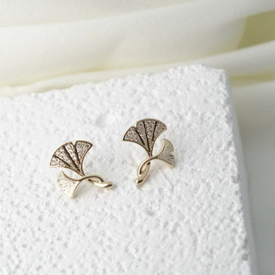 【Stud Earrings】Silver Ginkgo Leaf Stud Earring - Micro-Set Crystal Frost Accent - Nature-Realistic Minimalist for Daily Elegance
