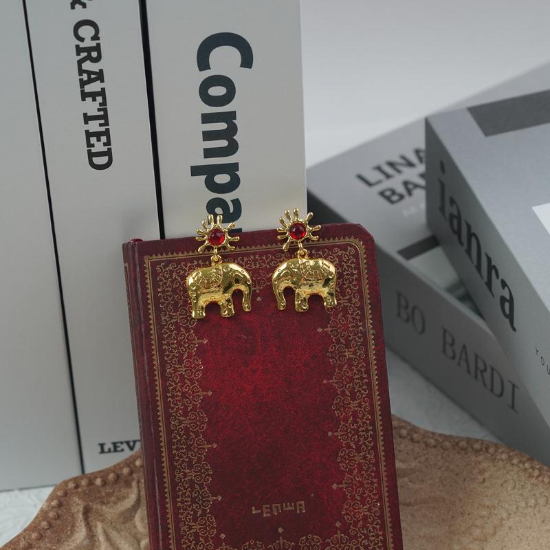 【Pendant Earrings】Gold-Plated Alloy Sun & Elephant Design - Red Crystal Accent Drop Earrings for Women