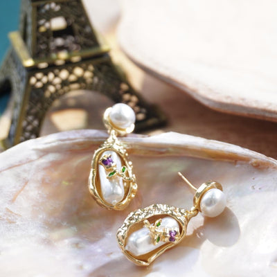 【Drop Earrings】Unique Irregular Metal Frame &Pearl Baroque Style Drop Earrings, Vintage & Elegant for Women