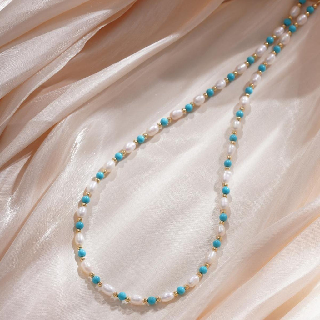 【Necklace】Turquoise Stone Natural Freshwater Pearl Copper Necklace,Delicate Jewelry for Women