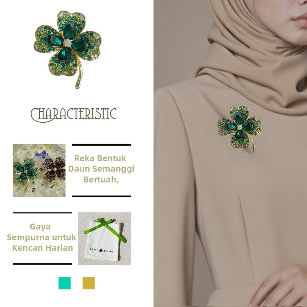 Kerongsang Semanggi Bertuah, Bingkai Aloi Emas, Warna Hijau / Ungu, Pesona Bersinar, Sesuai untuk Gaya Segar pin  brooch