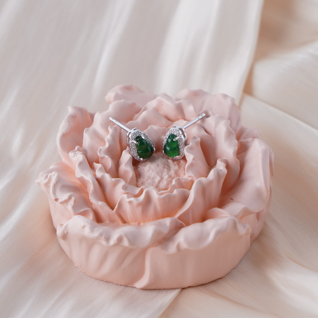 Gourd Stud Earrings, 925 Sterling Silver Green Jade Earrings with Cubic Zirconia, Lucky Hulu Symbol Earrings for Women, Minimalist Studs, Meaningful Gift