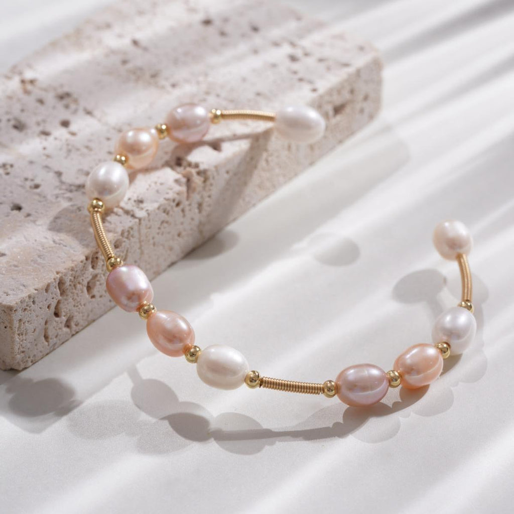 【Bracelet】Open-Ended Design Copper Bracelet with Three Colors Natural Pearl, Low-Profile Delicate Bracelet for Women