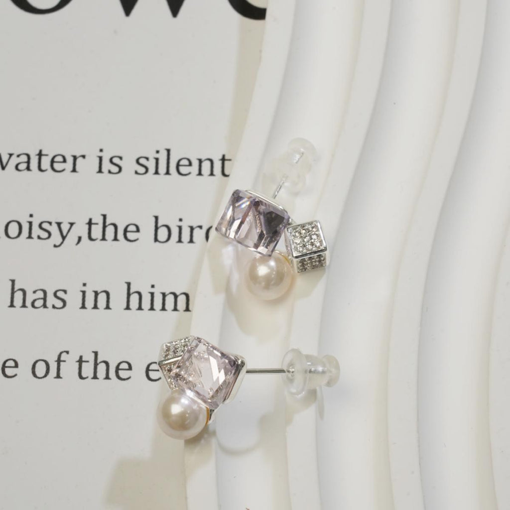 Subang Stud, Kristal Geometrik Ungu, Dengan Mutiara dan Zirkon, Halus dan Manis, Untuk Wanita Fesyen cute  earrings