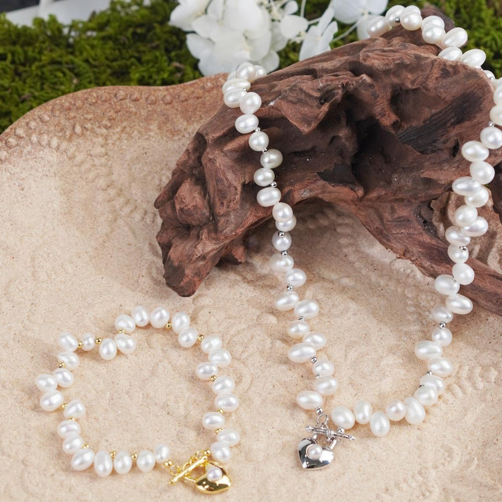 Gold-Plated Silver & Freshwater Pearl Bracelet - Elegant Everyday Jewelry with Heart Charm for Women