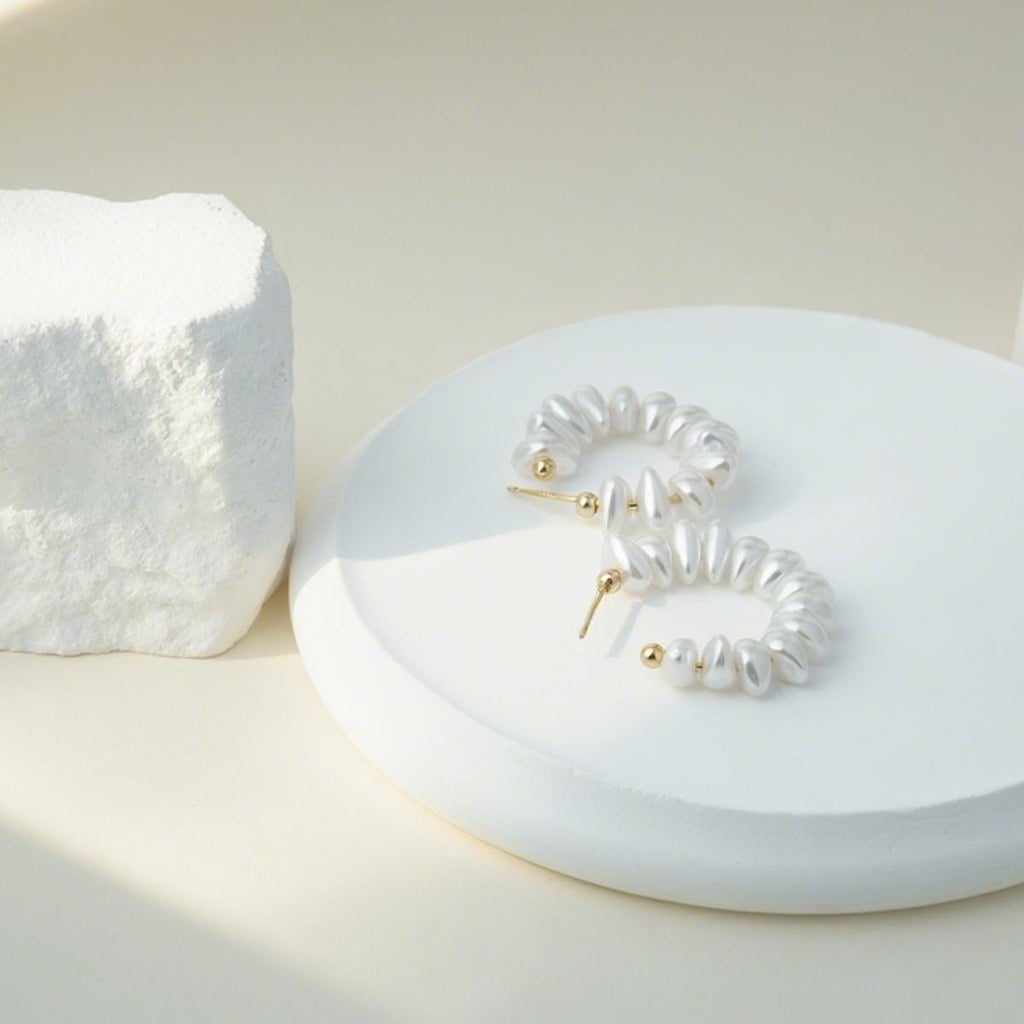 【Hoop Earrings】Pearl-White Alloy Plated Gold Earrings, Delicate & Chic Daily for Fashion Ladies.