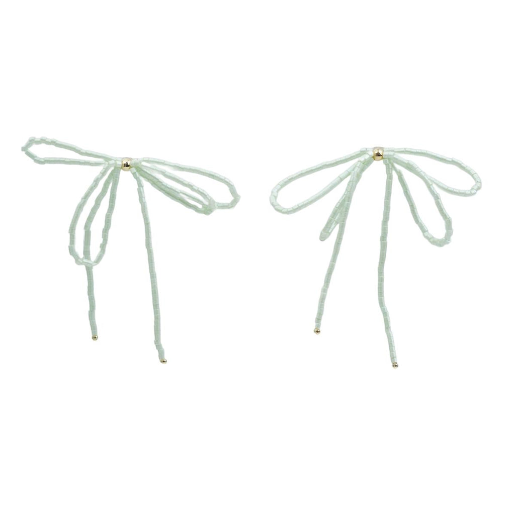 【Earrings】Light Green Bead Bow & S925 Dangle Earrings Minimalist Drop Design for Women