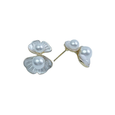 【Sud Earrings】Alloy White Pearl Flower Shaped Earrings, Elegant & Romantic for Fashion Ladies