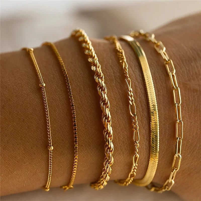 6Pcs Gold Color Bracelet Set Boho Retro Thick Twist Cuban Chain Bracelet for Women Quality Jewelry Gifts