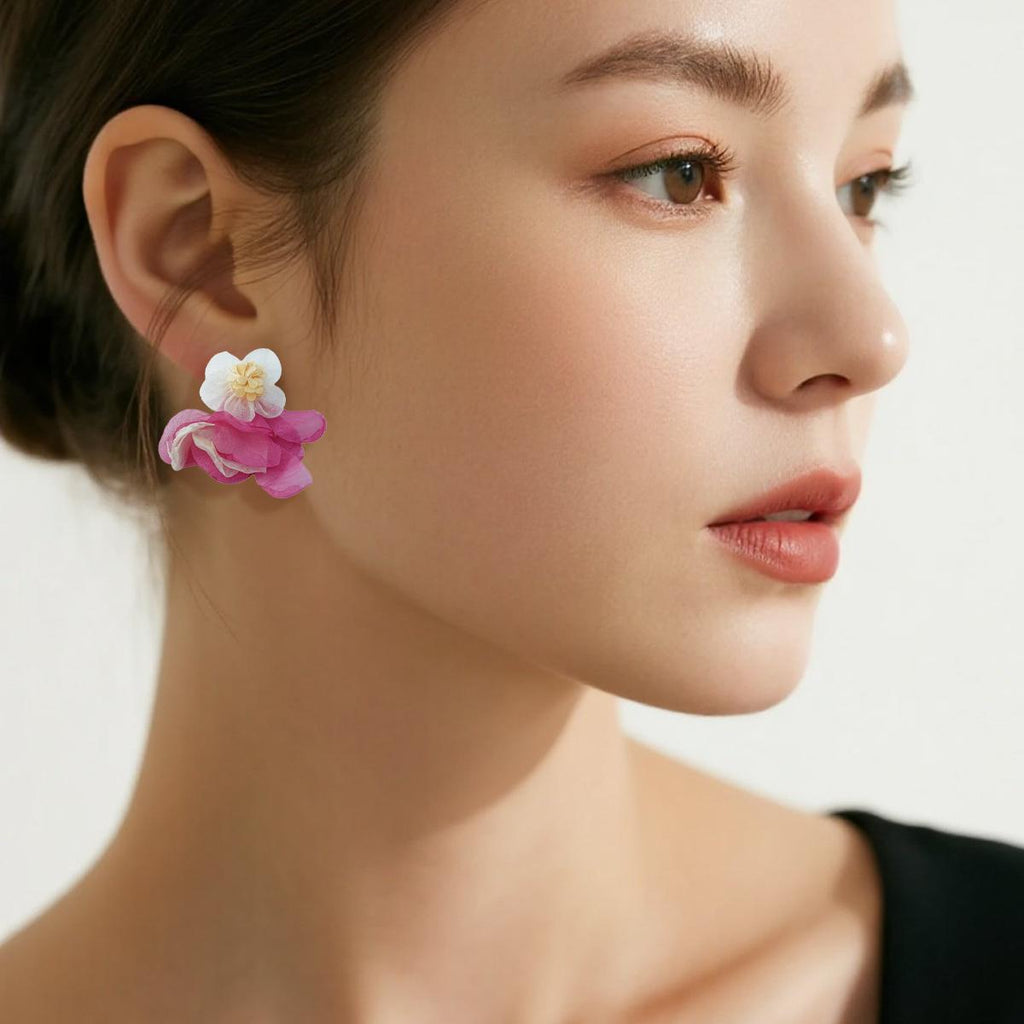 【Stud Earrings】Pink-White Floral Earrings with Lightweight Cloth Petals, Sweet & Romantic for Fashion Girls