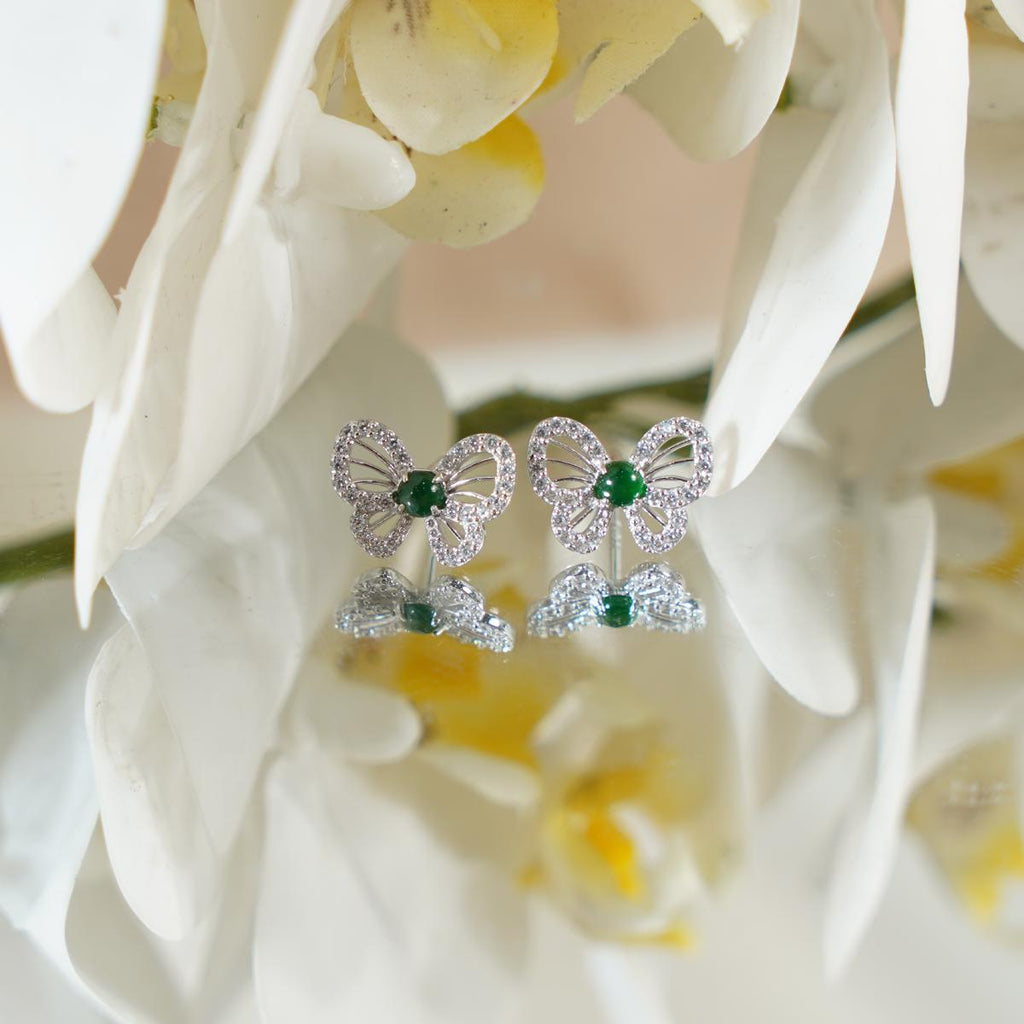 【Stud Earrings】Butterfly Design Green Jade Zirconia Cluster Stud Earrings Elegant Nature-Inspired Jewelry for Women Special Occasions