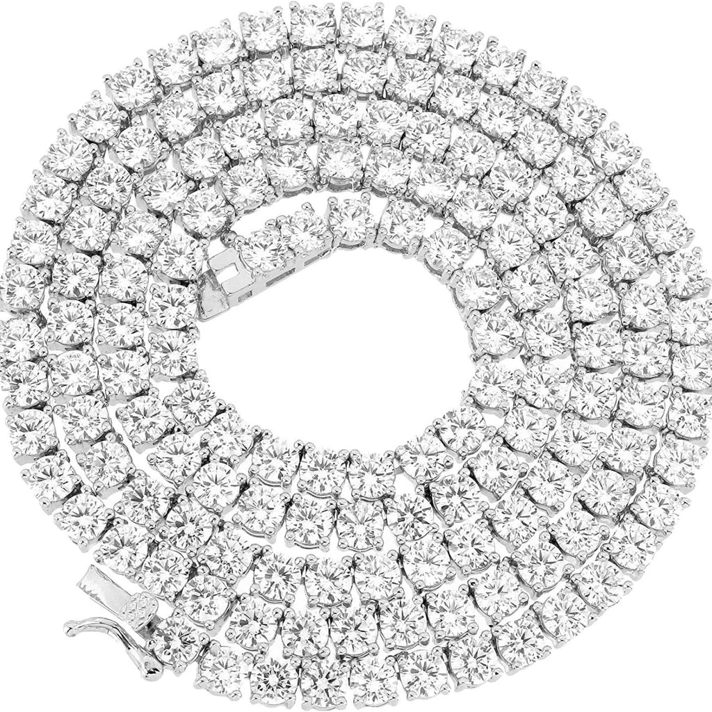 Unisex 1 Row Tennis Necklace/Bracelet Silver Finish Lab Created Diamonds 4MM Iced Out Solitaires Tennis Chain 16-30 inches Bracelet 6.5-9 inches