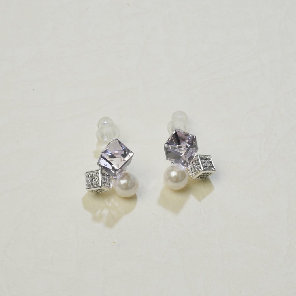 Subang Stud, Kristal Geometrik Ungu, Dengan Mutiara dan Zirkon, Halus dan Manis, Untuk Wanita Fesyen cute  earrings