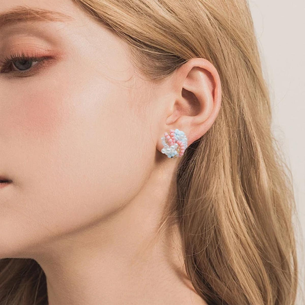 【Stud Earrings】Handmade Pink & Light Blue Resin Beads Earrings, Sweet Floral Cluster, Cute Gift for Girls