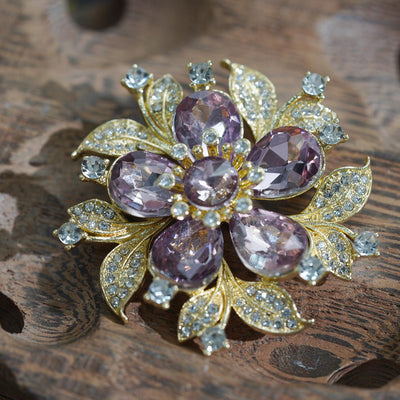Women's Floral Brooch with Purple Zircon Bloom, Glitter Leaves for Elegant Events