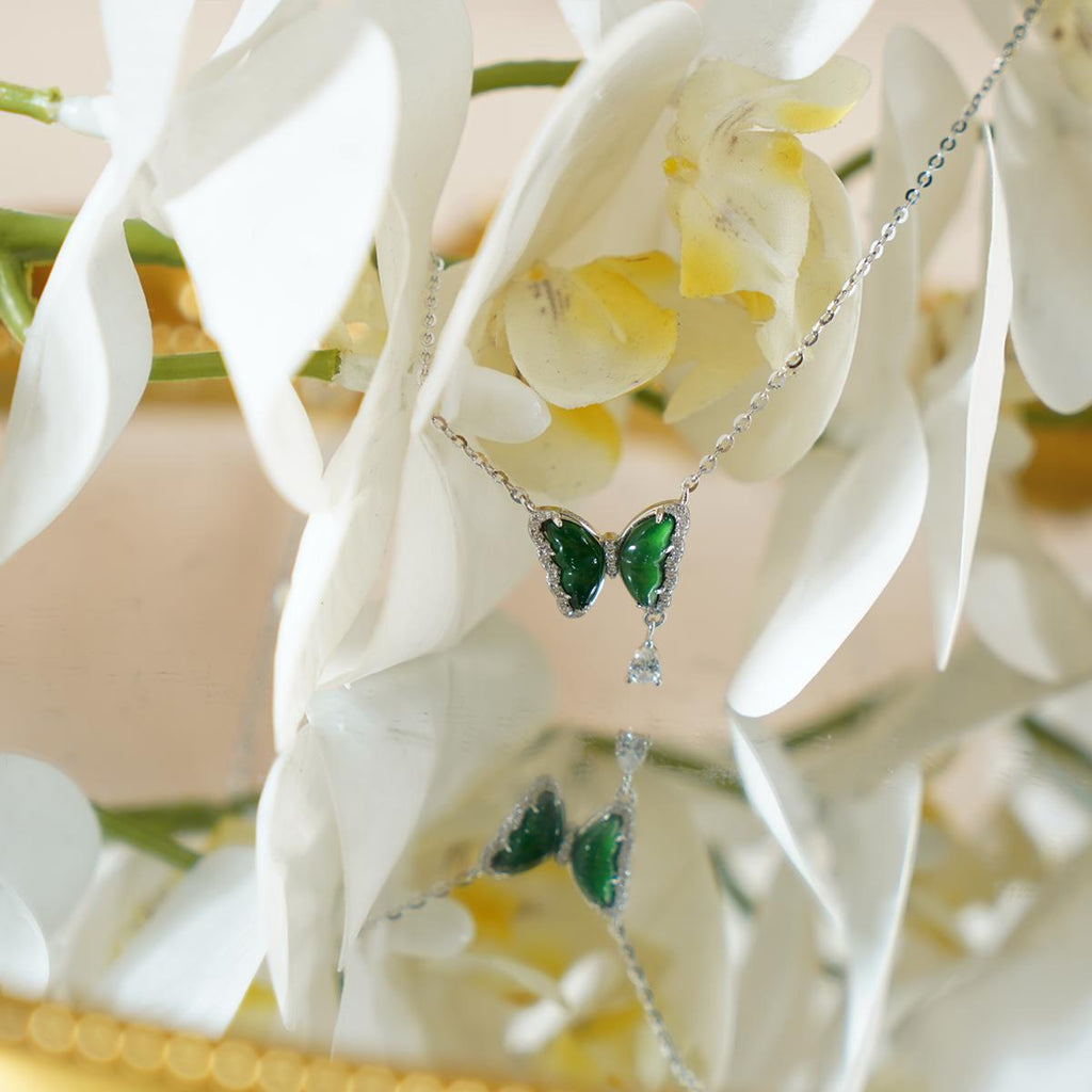 【Pendant Necklace】S925 Sterling Silver Green Jade Butterfly Pendant with Zirconia and Teardrop Accent, Nature-Inspired Jewelry, Elegant Whimsical Gift for Women