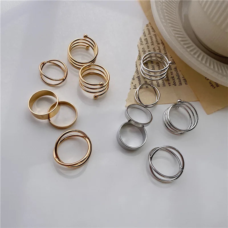 6pcs Golden Silver Color Cross Rings Set For Women Simple Wide Chain Finger Tail Rings Open Adjustable Joint Jewelry Gifts