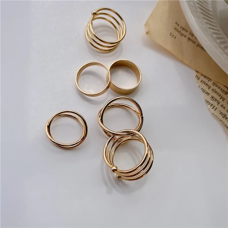 6pcs Golden Silver Color Cross Rings Set For Women Simple Wide Chain Finger Tail Rings Open Adjustable Joint Jewelry Gifts