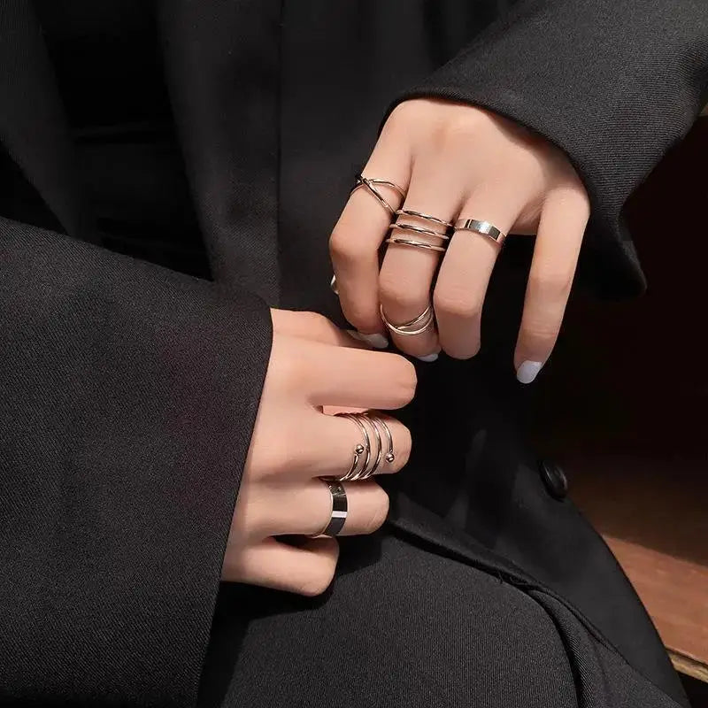 6pcs Golden Silver Color Cross Rings Set For Women Simple Wide Chain Finger Tail Rings Open Adjustable Joint Jewelry Gifts