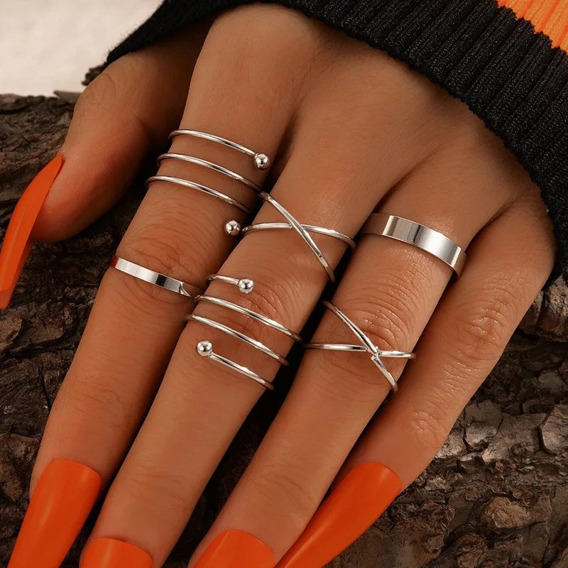 6pcs Golden Silver Color Cross Rings Set For Women Simple Wide Chain Finger Tail Rings Open Adjustable Joint Jewelry Gifts