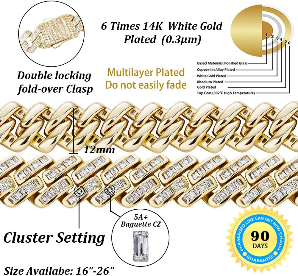 YOSZO Baguette Cuban Link Chain for Men Gold Choker Necklace Iced out Diamond Hio Hop Miami Cuban Chain for Women 12mm/18mm 14K Gold Plated Gold Jewelry