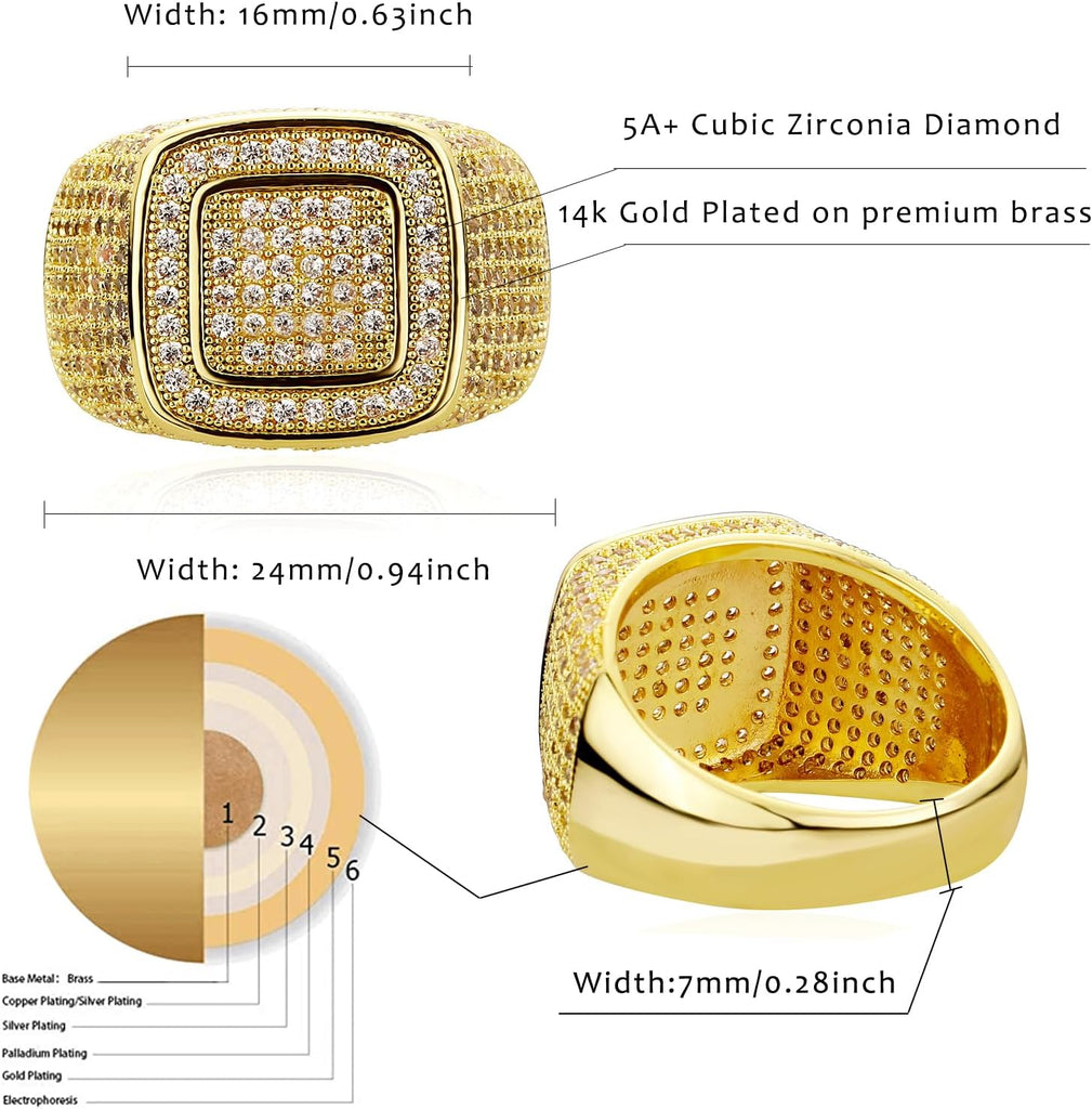 YOSZO Men Ring 14K Gold Plated Cluster Iced Out Lab Simulated Diamond Band Micropave Bling Wedding Pinky Ring for Women