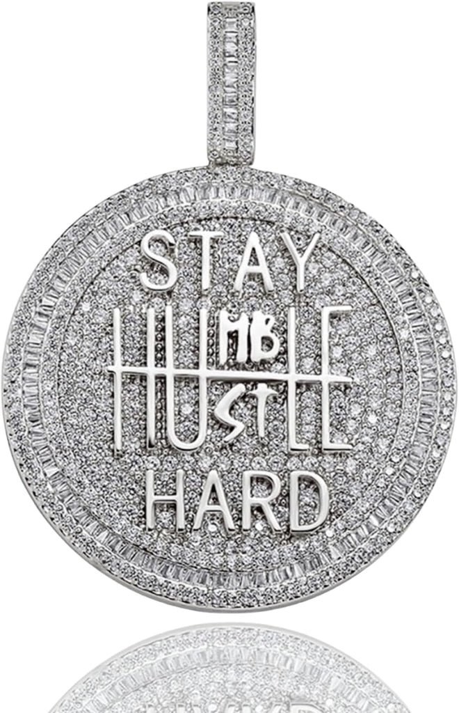 YOSZO 14K Gold Plated Stay Humble & Hustle Hard Encourage Pendant Necklace, Iced Out CZ Diamond Hip Hop Charm Jewelry for Men Women