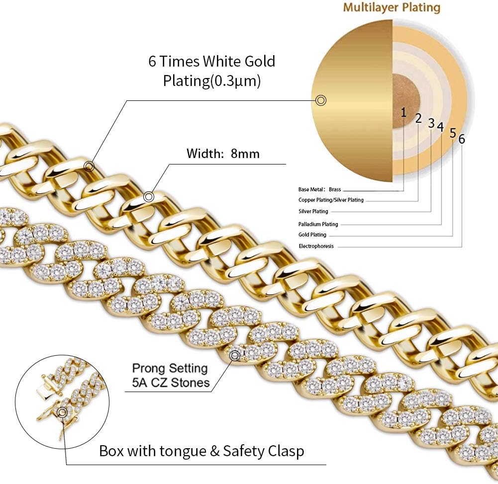 YOSZO 6 Times 14K Gold Plated 8mm Men women Fully Iced Out Cubic Zirconia Dupre Cuban Link Chain Bracelet Hip Hop