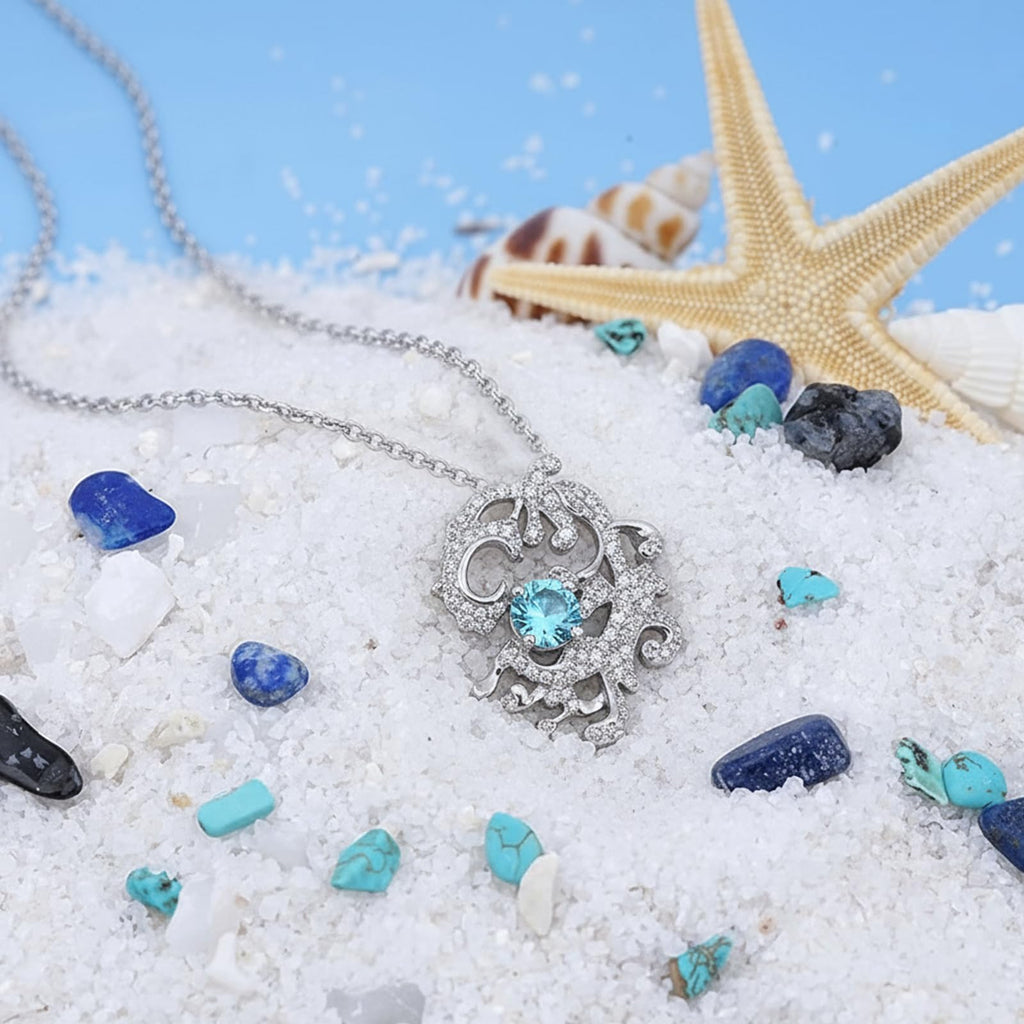 Light Blue Topaz Birthstone Necklace for Women, 925 Sterling Silver Wave Pendant with Cubic Zirconia, Adjustable 38+4cm Coastal Jewelry Gift, December Birthstone