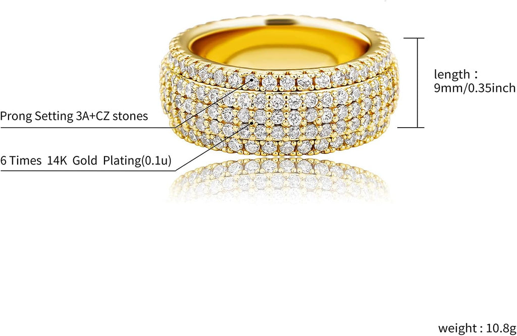 YOSZO 9mm 5Rows 14K Gold Plated Iced Out Lab Simulated Diamond Cubic Zirconia Eternity Wedding Band Ring for Men Women