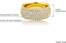 Laden Sie das Bild in den Galerie-Viewer, YOSZO 9mm 5Rows 14K Gold Plated Iced Out Lab Simulated Diamond Cubic Zirconia Eternity Wedding Band Ring for Men Women