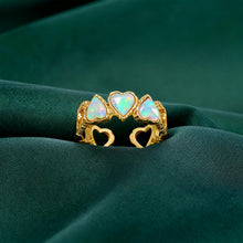 Load image into Gallery viewer, Open Heart Ring for Women, 14K Gold Plated 925 Sterling Silver, 9-Cutout Heart Frame with 3 Iridescent Opals, Adjustable 17mm Romantic Jewelry Gift for Girlfriend