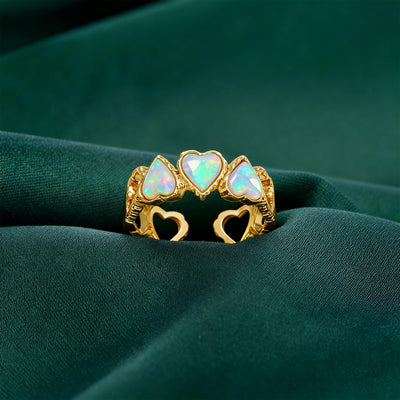Open Heart Ring for Women, 14K Gold Plated 925 Sterling Silver, 9-Cutout Heart Frame with 3 Iridescent Opals, Adjustable 17mm Romantic Jewelry Gift for Girlfriend